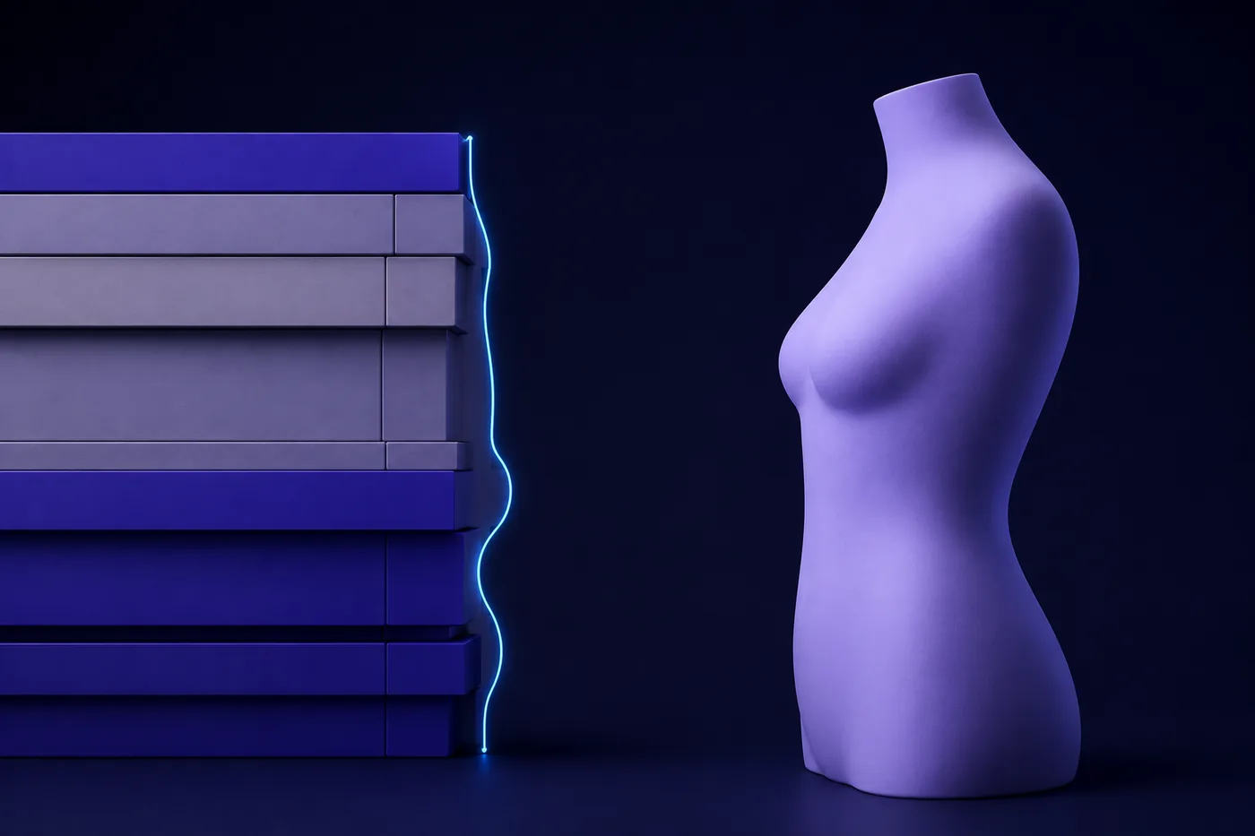 A rigid stack of size-chart plates beside an organic body form, with the mismatch traced between them