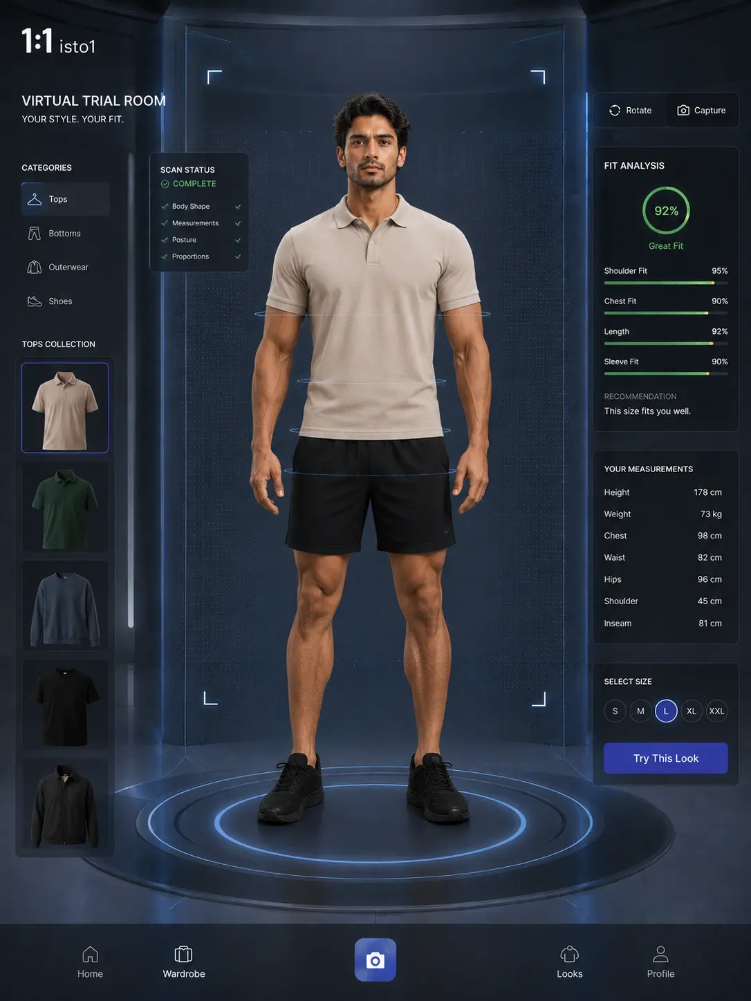 A shopper's 1:1 avatar wearing a garment, shown beside the product page it was selected from